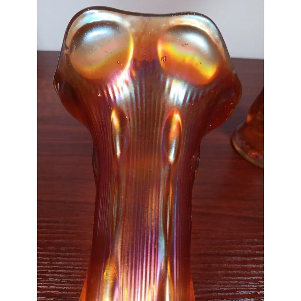 Pair Vtg Imperial Glass Beaded Bullseye Marigold Carnival Glass Vases EUC